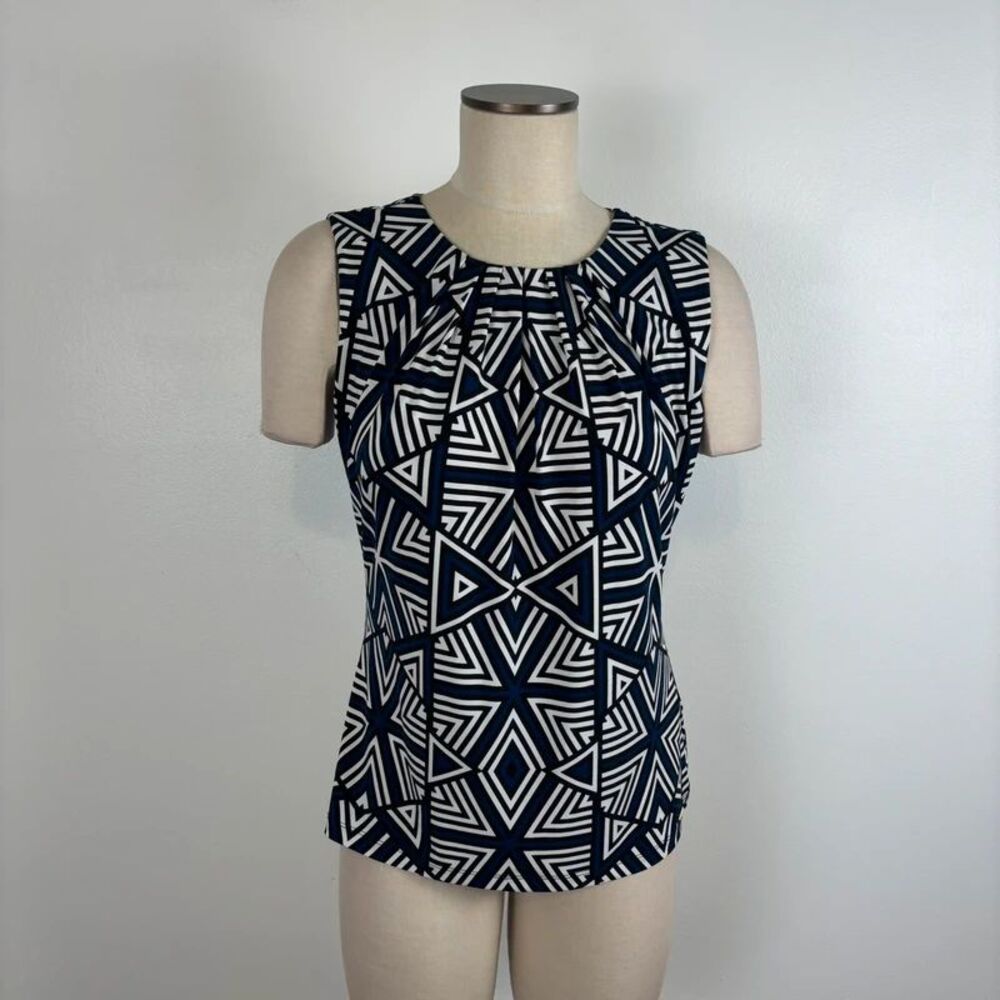 Calvin Klein Womens Medium Sleeveless Top Navy White Geometric Stretch Tank